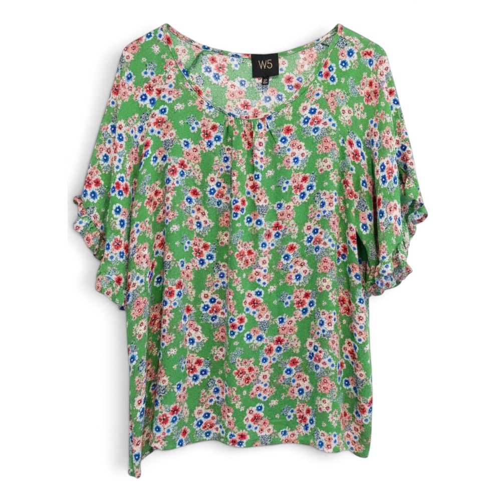 W5 Floral Blouse Women XL Cottagecore Boho Summer Green Ruffle Sleeve 12250LOC